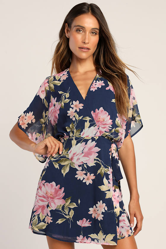 Navy Blue Floral Short Sleeve Wrap Dress | Womens | Small (Available in XS) | 100% Polyester | Lulus