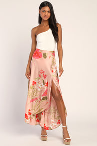 Superbly Stunning Light Mauve Floral Print Satin Maxi Skirt