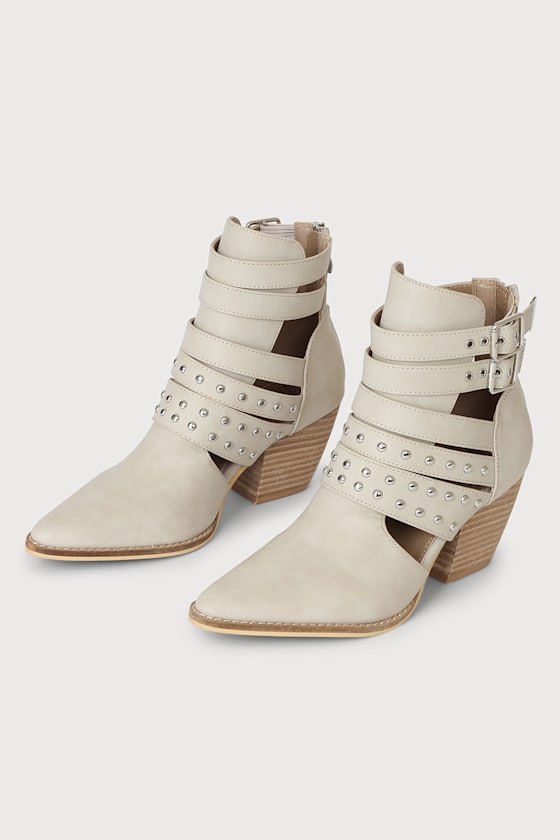 Angelou Sand Strappy Pointed-Toe Stacked Heel Boots 3