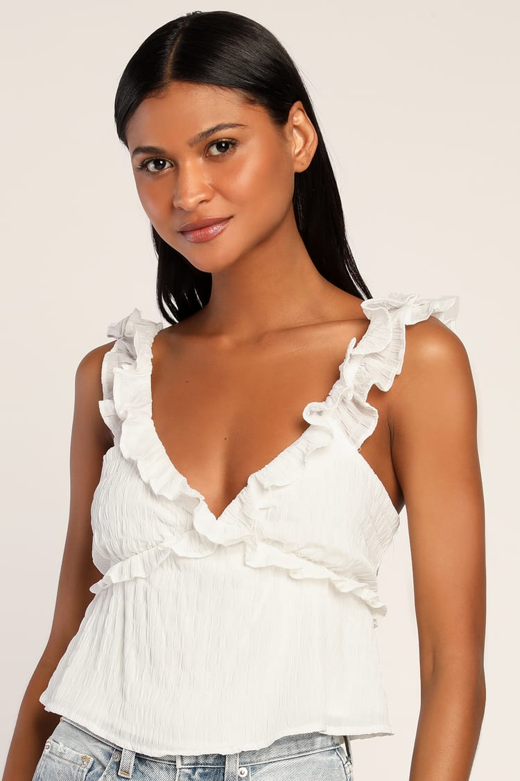 Right to Romance Ivory Sleeveless Ruffled Tie-Back Top