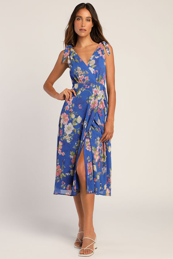 Blue Floral Midi Dress Wrap Dress TieStrap Midi Dress Lulus