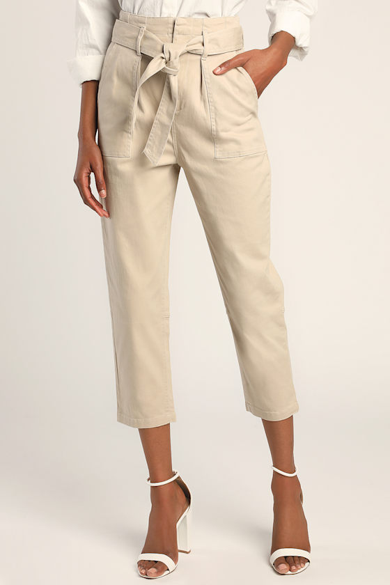 Leo Light Khaki Tie-Waist Cropped Pants 7