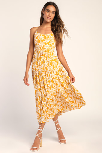 Catching Sunrays Mustard Yellow Floral Print Midi Dress