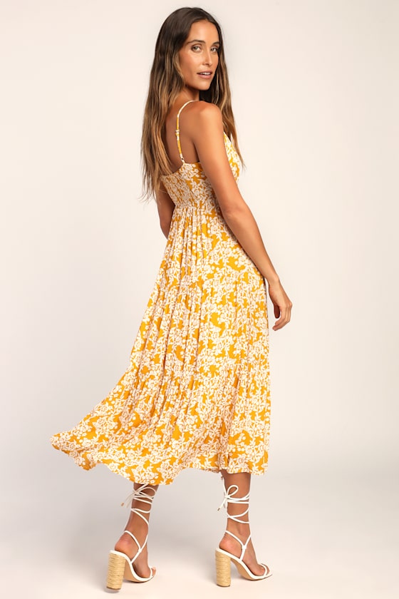 Catching Sunrays Mustard Yellow Floral Print Midi Dress 4