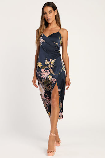 Remarkable Entrance Navy Blue Floral Print Satin Midi Dress 1