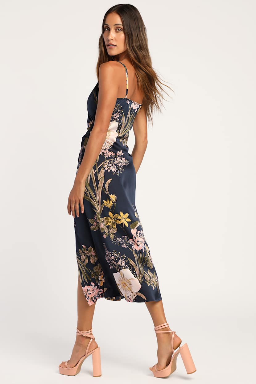 Remarkable Entrance Navy Blue Floral Print Satin Midi Dress