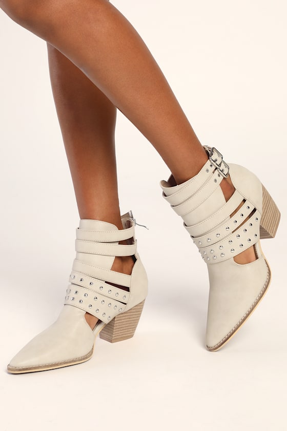 Angelou Sand Strappy Pointed-Toe Stacked Heel Boots 1