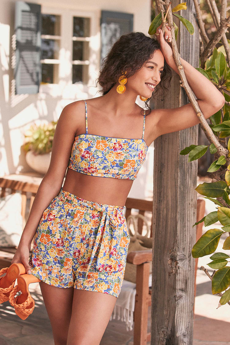 Next Vacay Blue Multi Floral Print Two-Piece Tie-Back Romper