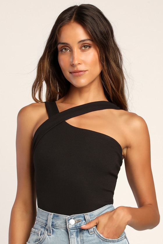 To Be True Ribbed Black Asymmetrical Sleeveless Bodysuit