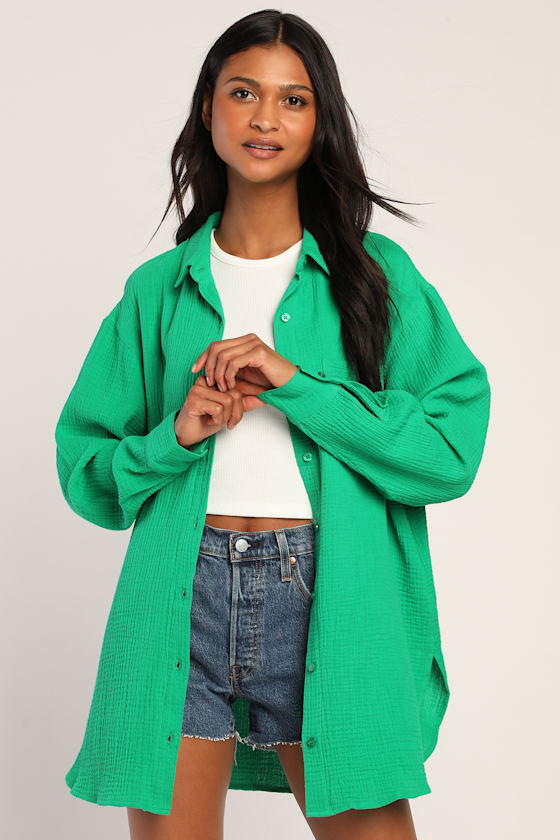 Easy To See Green Oversized Button-Up Top 2