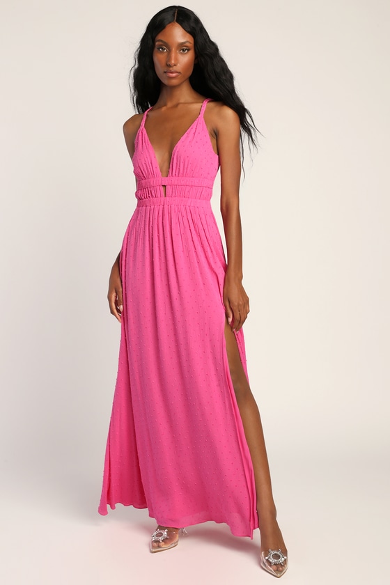 Hot Pink Maxi Dress - Swiss Dot Dress - V-Neck Maxi Dress - Lulus