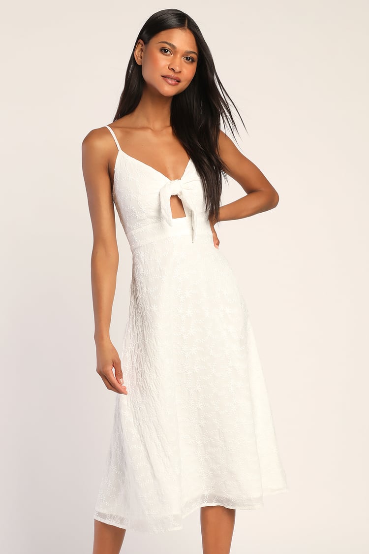 White Embroidered Dress - White Midi Dress - Tie-Front Midi Dress - Lulus