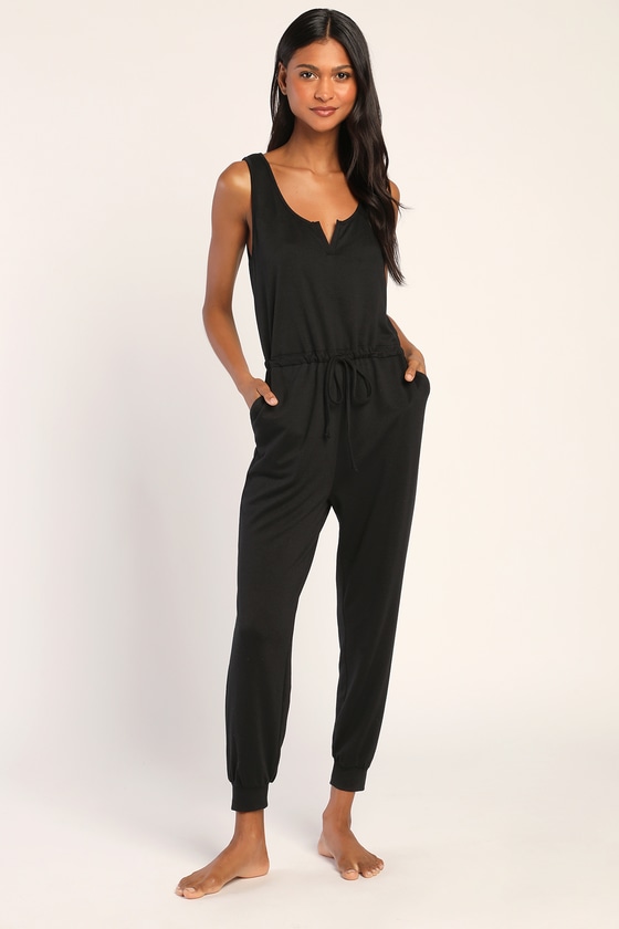 Lulus Easy As Can Be Black Sleeveless Drawstring Lounge Jumpsuit
