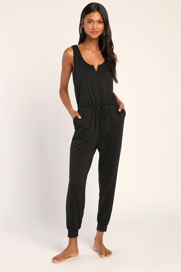 Easy as Can Be Black Sleeveless Drawstring Lounge Jumpsuit