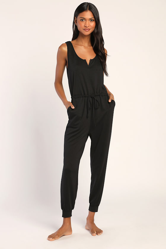 Easy as Can Be Black Sleeveless Drawstring Lounge Jumpsuit 2
