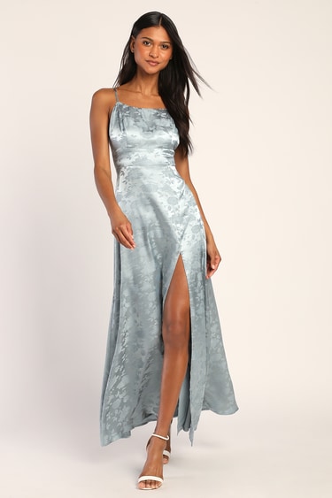 Radiate Beauty Slate Blue Floral Jacquard Satin Slit Maxi Dress