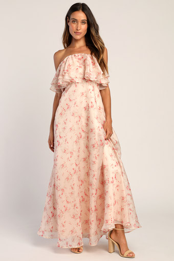 Sweet Passion Blush Pink Floral Print Organza Maxi Dress