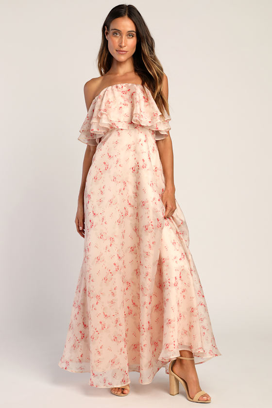 Pink Bridesmaid Dress - Strapless Maxi Dress - Floral Maxi Dress - Lulus