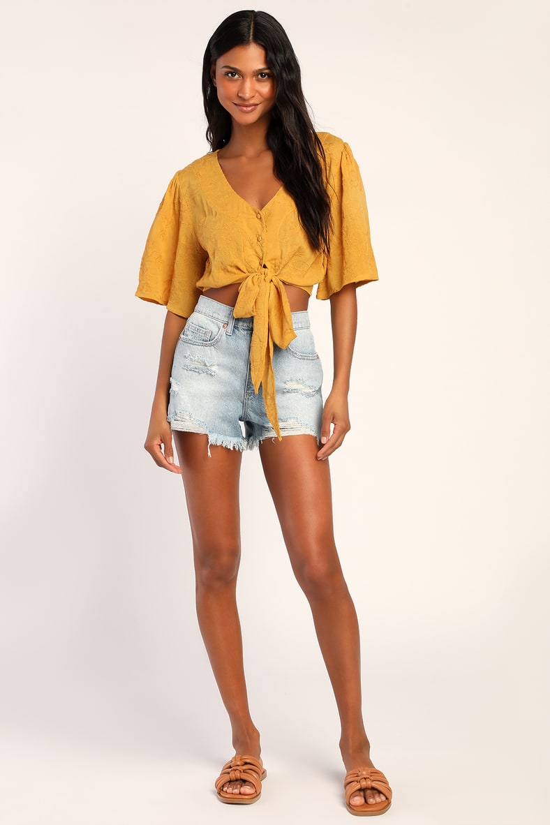 Delightful Darling Yellow Floral Embroidered Tie-Front Crop Top