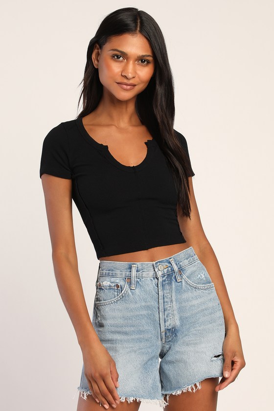 Black Crop Top - Black Baby T-Shirt - Ribbed T-Shirt - V-Neck Top