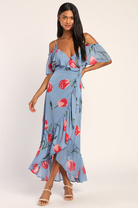 Blue Floral Maxi Dress - Cold Shoulder Dress - Ruffled Wrap Dress - Lulus