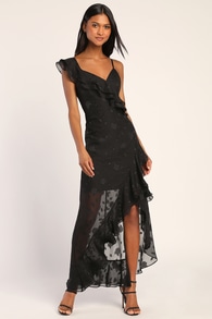 Forever Be Black Floral Jacquard Ruffled Maxi Dress