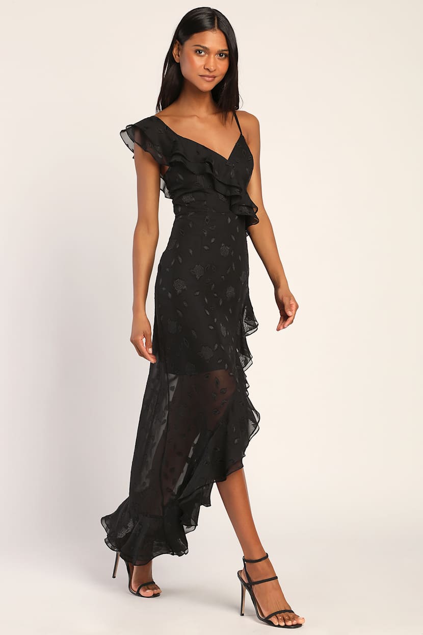 forever be burgundy floral jacquard ruffled maxi dress A-Line Tea-Length Jacquard Wedding Guest Mother of the Bride Dress COCOMELODY CM0415, Black/Gold Floral