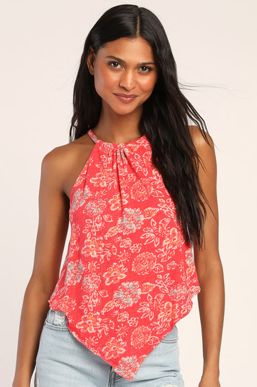 Free People Daisy Coral Red Floral Print Tank Top