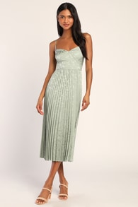 Regal Romance Sage Floral Jacquard Pleated Satin Midi Dress