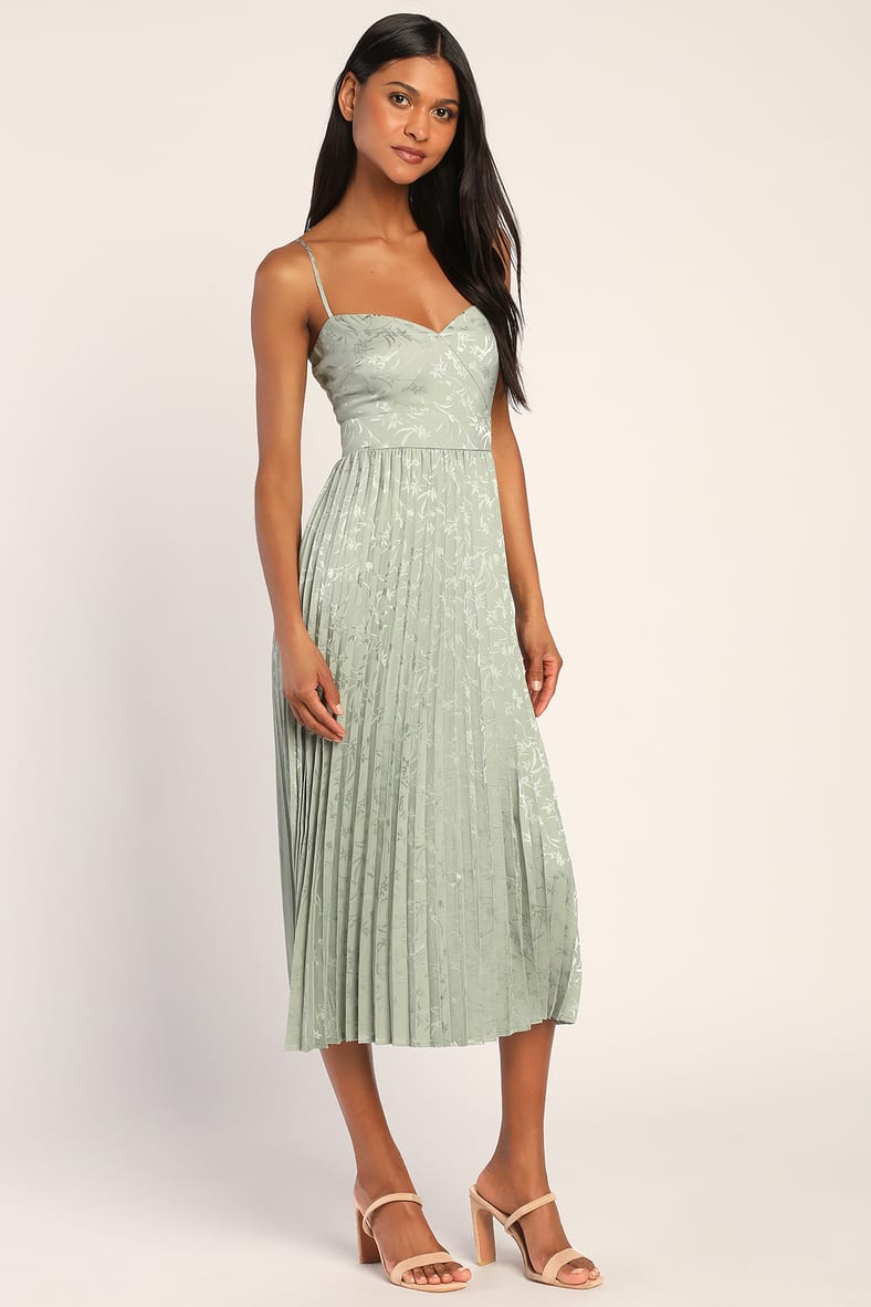 Regal Romance Sage Floral Jacquard Pleated Satin Midi Dress