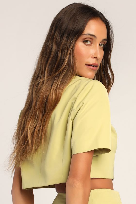 Boardroom Babe Lime Green Short Sleeve Cropped Blazer 3