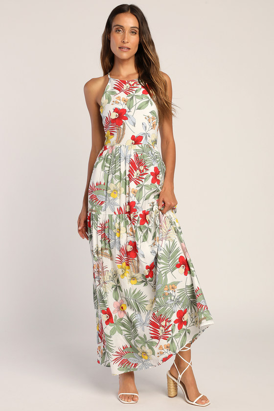 Tropical Print Dress - Halter Neck Maxi Dress - Lace-Up Dress - Lulus