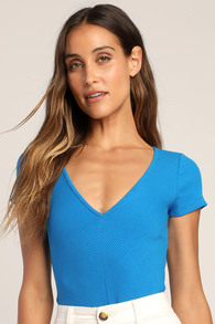 Flirty and Thriving Blue Ribbed Short Sleeve Bodysuit