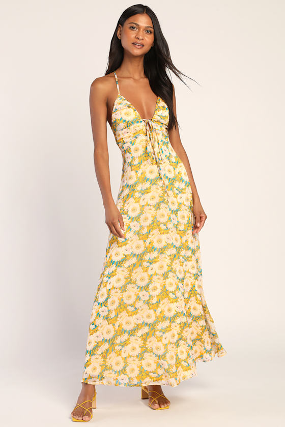 Yellow Floral Dress Backless Maxi Dress Deep VNeck Dress Lulus