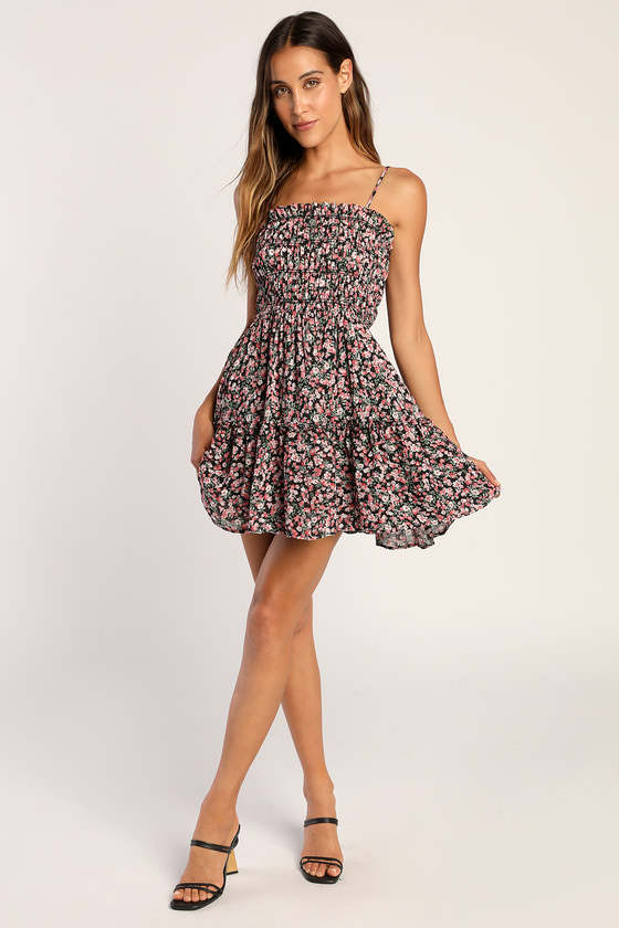 Black Floral Mini Dress - Smocked Mini Dress - Tiered Mini Dress - Lulus