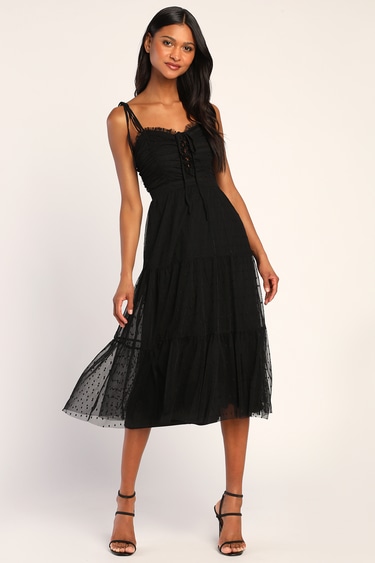Always Sweet Black Swiss Dot Tie-Strap Lace-Up Tiered Midi Dress