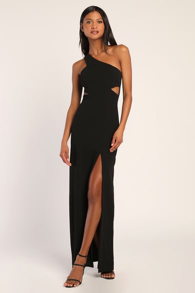 Spice Things Up Black Ribbed One-Shoulder Cutout Midi Dress