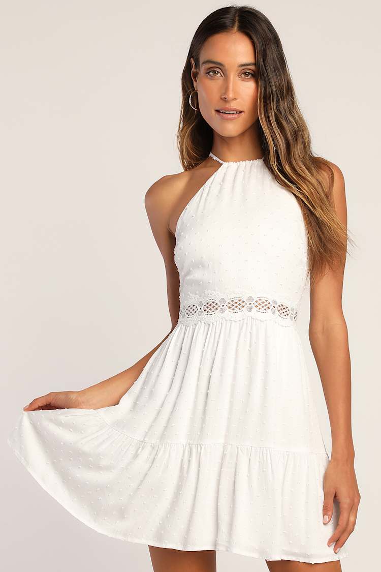 White Swiss Dot Dress - Halter Neck Mini Dress - Lace Mini Dress - Lulus