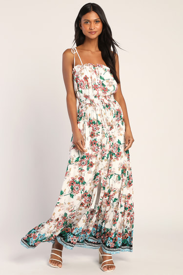 Always Excelling Ivory Floral Tie-Strap Button-Front Maxi Dress