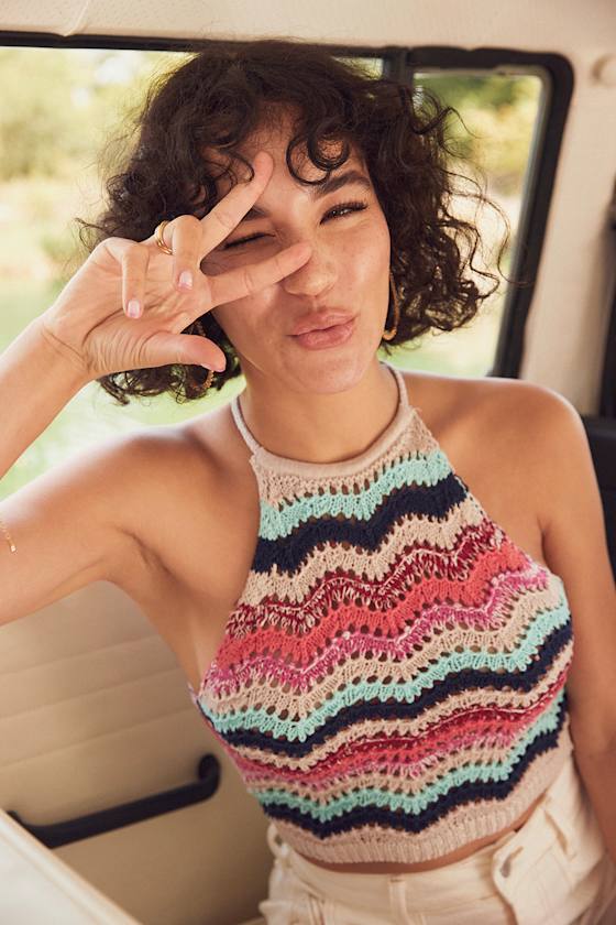 In Stitches Taupe Multi Chevron Crochet Tank Top 8