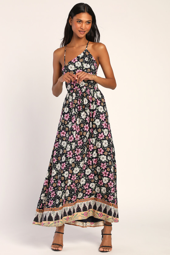 Black Floral Maxi Dress - Asymmetrical Dress - Backless Dress - Lulus