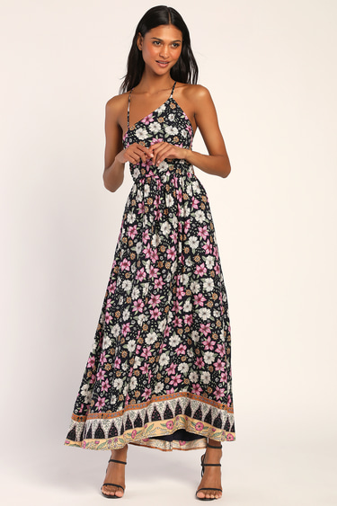 Bohemian Bliss Black Floral Asymmetrical Backless Maxi Dress