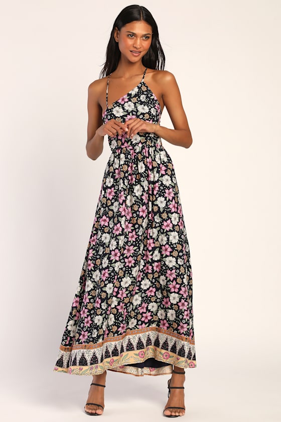 Bohemian Bliss Black Floral Asymmetrical Backless Maxi Dress 2