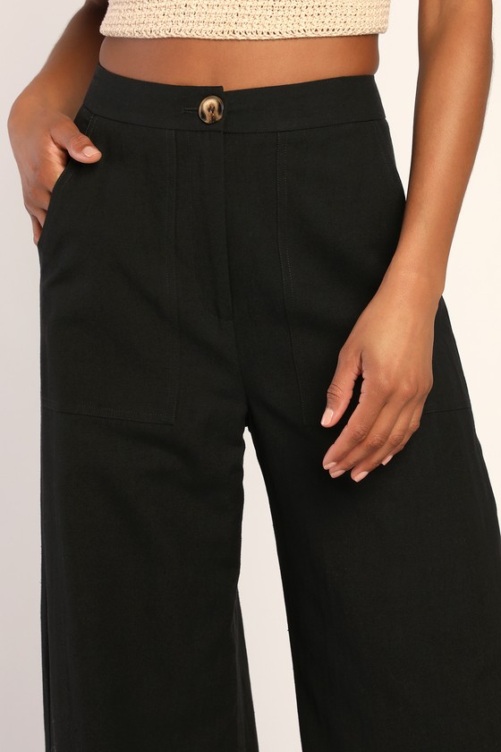 Cute Black Pants - High-Waisted Pants - Wide-Leg Woven Pants