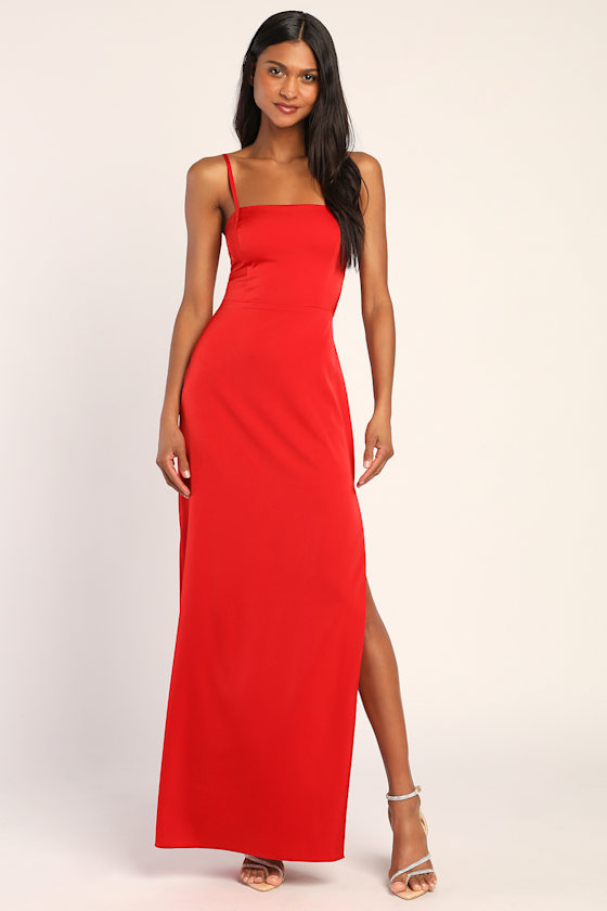Sultry and Chic Red Satin Backless Maxi Dress 4