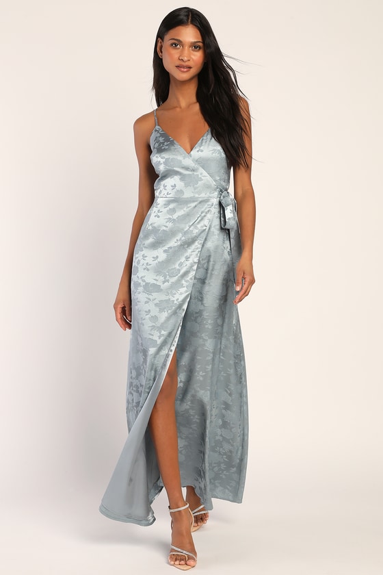 Slate Blue Floral Maxi Dress - Jacquard Satin Dress - Wrap Dress - Lulus