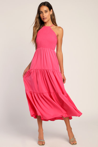 Pier and Now Hot Pink Smocked Tie-Back Midi Dress