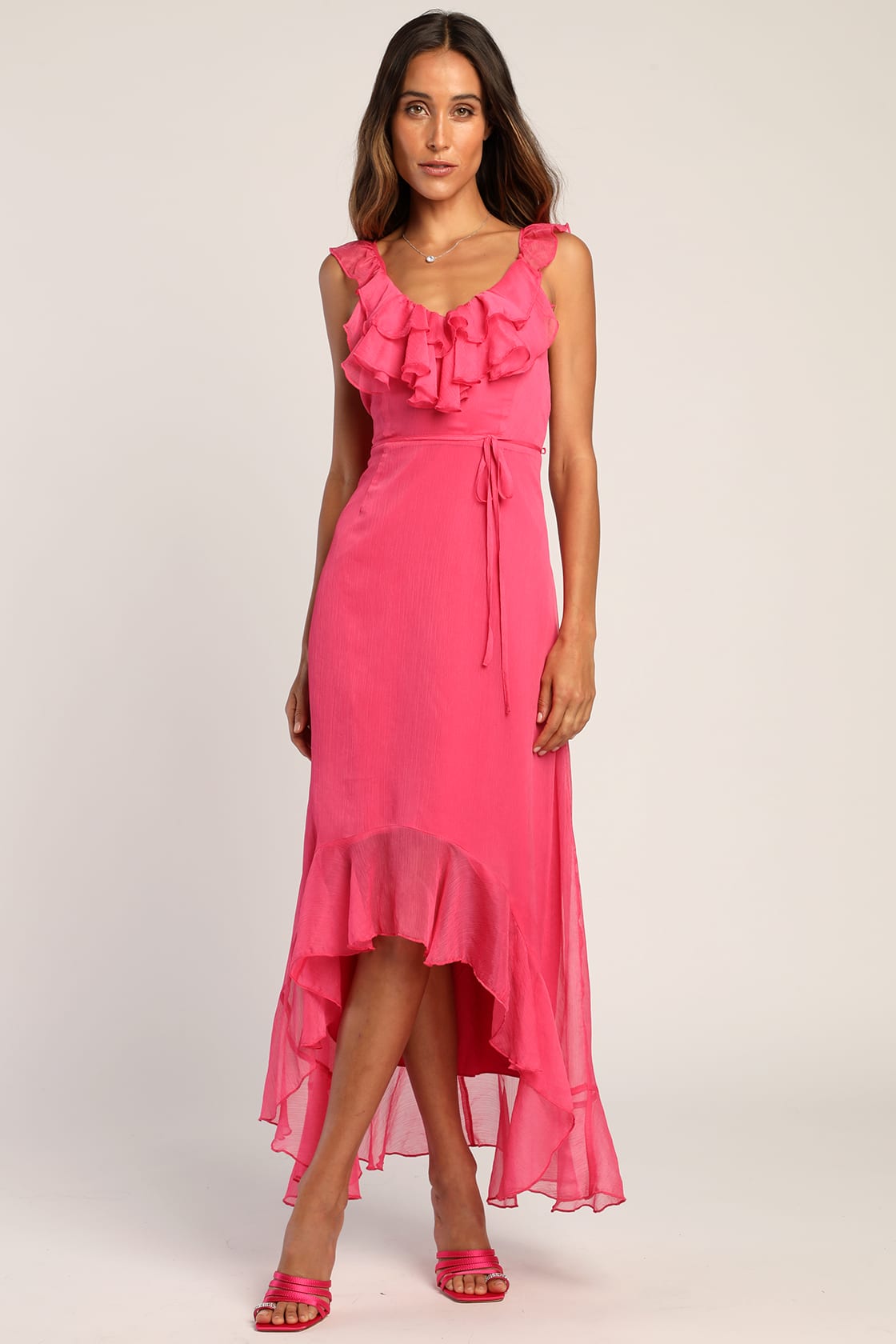 Enchanting Elegance Hot Pink Ruffled High-Low Maxi Dress