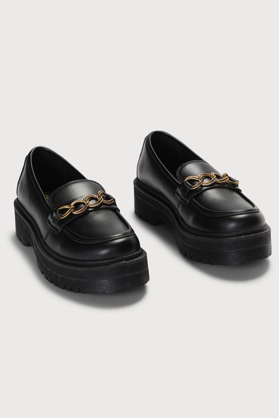 Black Leather Loafers - Embellished Loafers - Lug Sole
