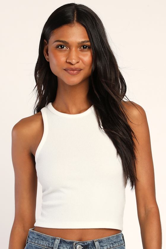 Everyday Casual White Ribbed Knit Racerback Tank Top 1